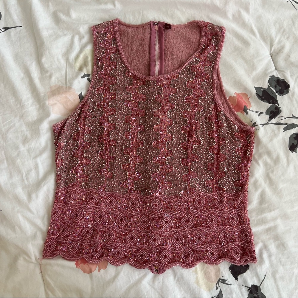 Vintage Fully Beaded Sparkle Sequin Pink Tank Top with Scalloped edge